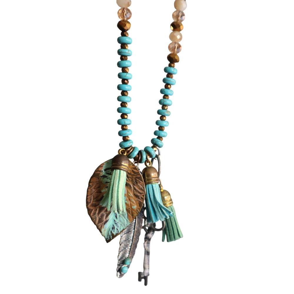 Vintage 90s Y2K Turquoise Barrel Beads Copper Pendant Necklace Tassel Feather